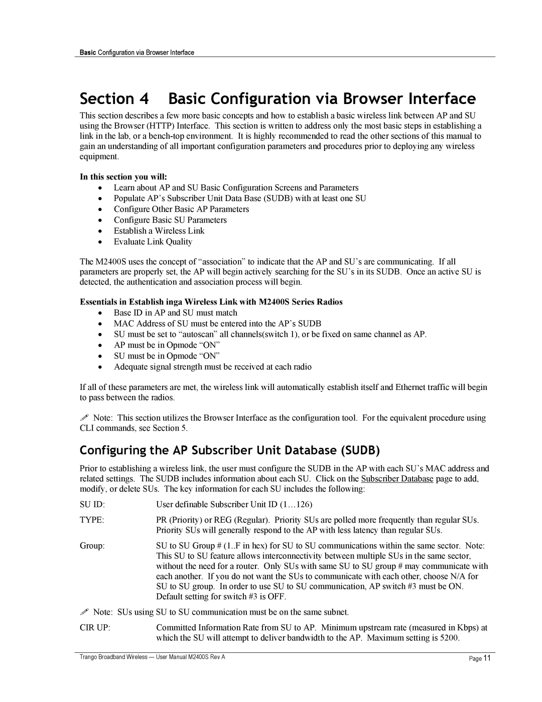 Trango Broadband M2400S Basic Configuration via Browser Interface, Configuring the AP Subscriber Unit Database Sudb 