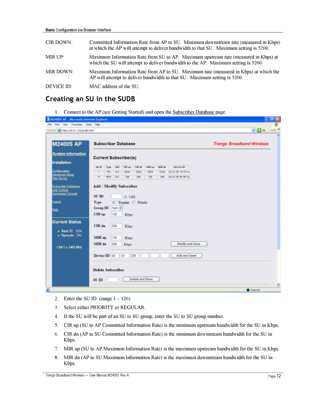 Trango Broadband M2400S user manual Creating an SU in the Sudb, CIR Down 