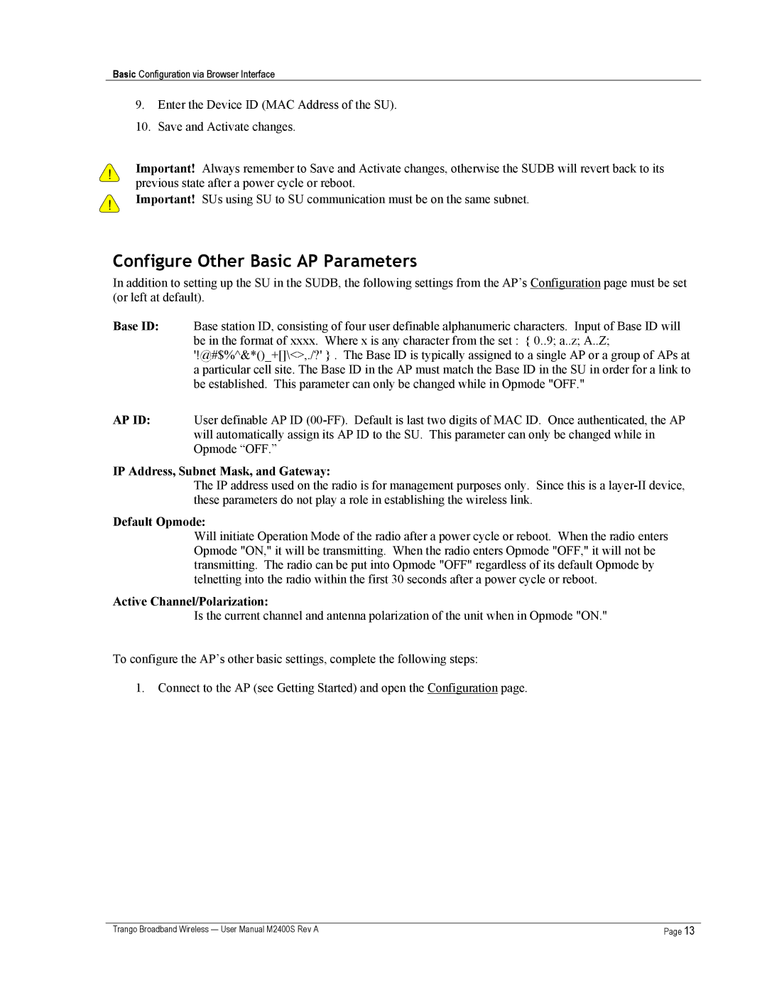 Trango Broadband M2400S Configure Other Basic AP Parameters, IP Address, Subnet Mask, and Gateway, Default Opmode 