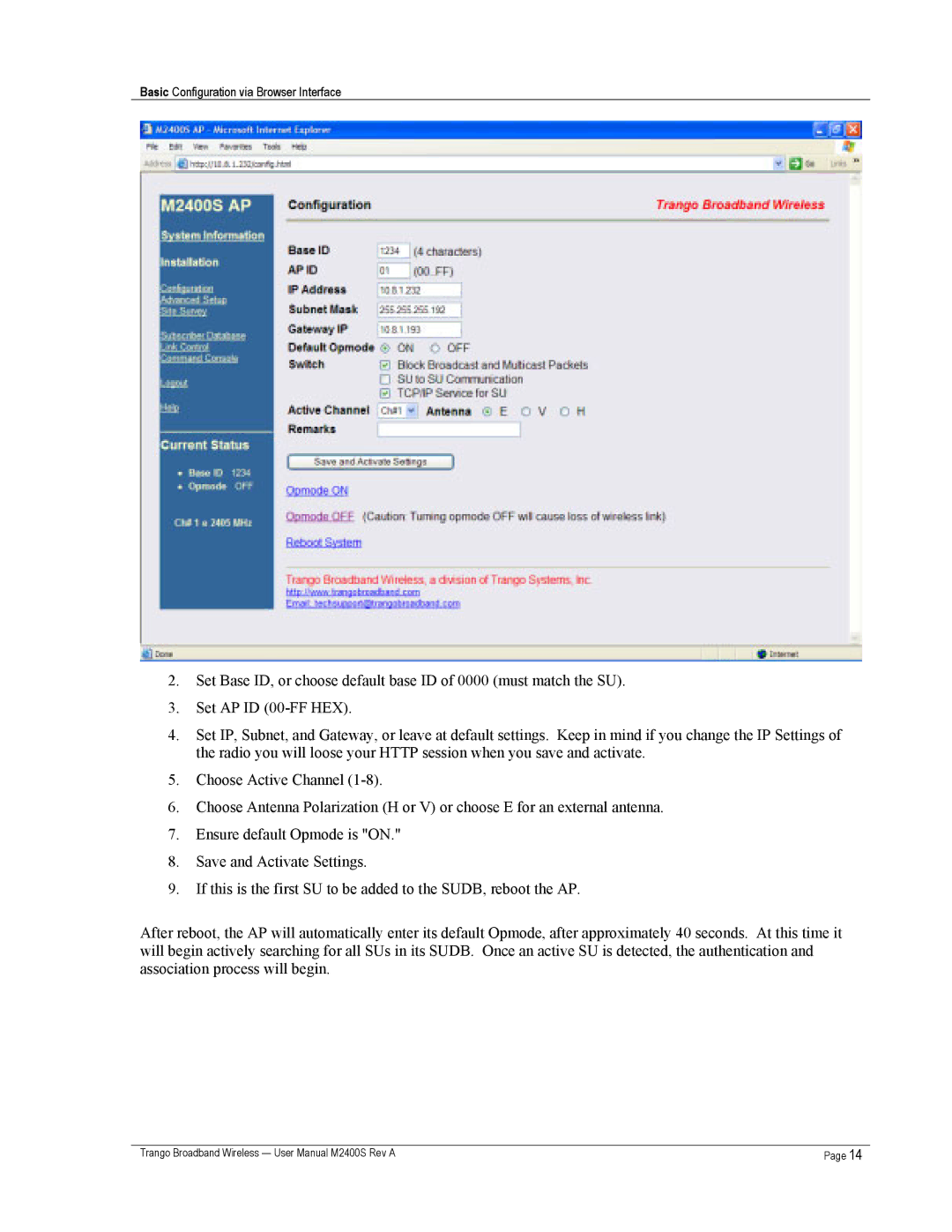 Trango Broadband M2400S user manual Basic Configuration via Browser Interface 