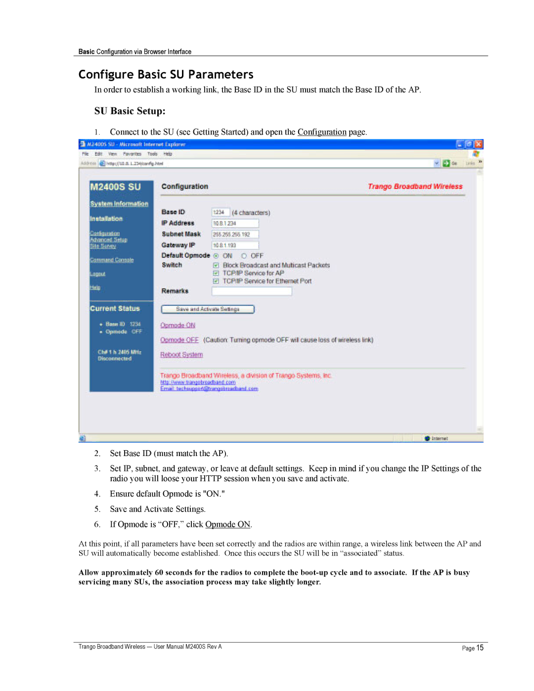 Trango Broadband M2400S user manual Configure Basic SU Parameters, SU Basic Setup 