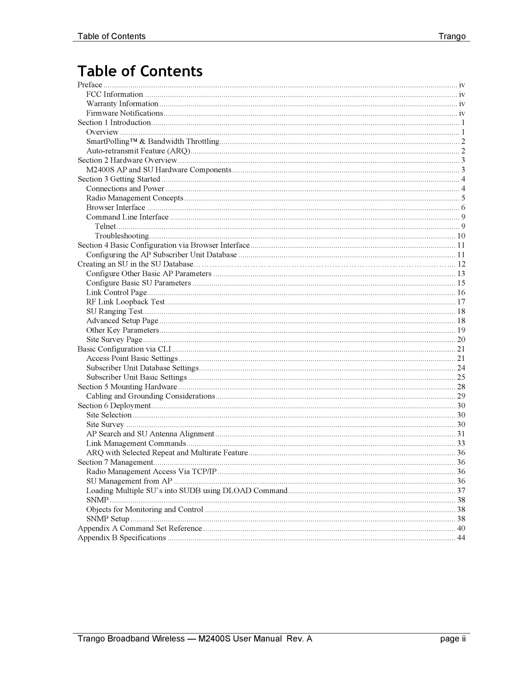 Trango Broadband M2400S user manual Table of Contents 