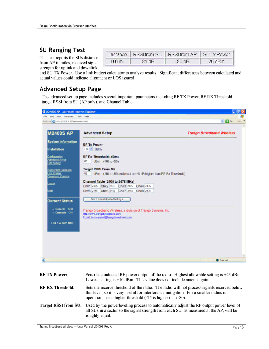 Trango Broadband M2400S user manual SU Ranging Test, Advanced Setup 