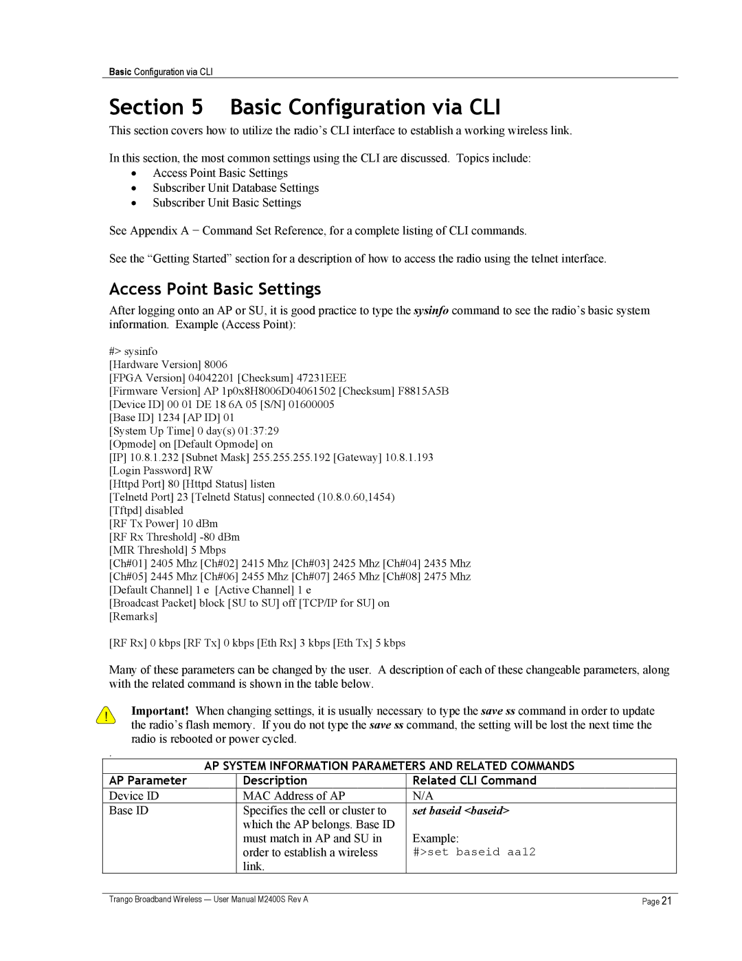 Trango Broadband M2400S user manual Basic Configuration via CLI, Access Point Basic Settings, Set baseid baseid 