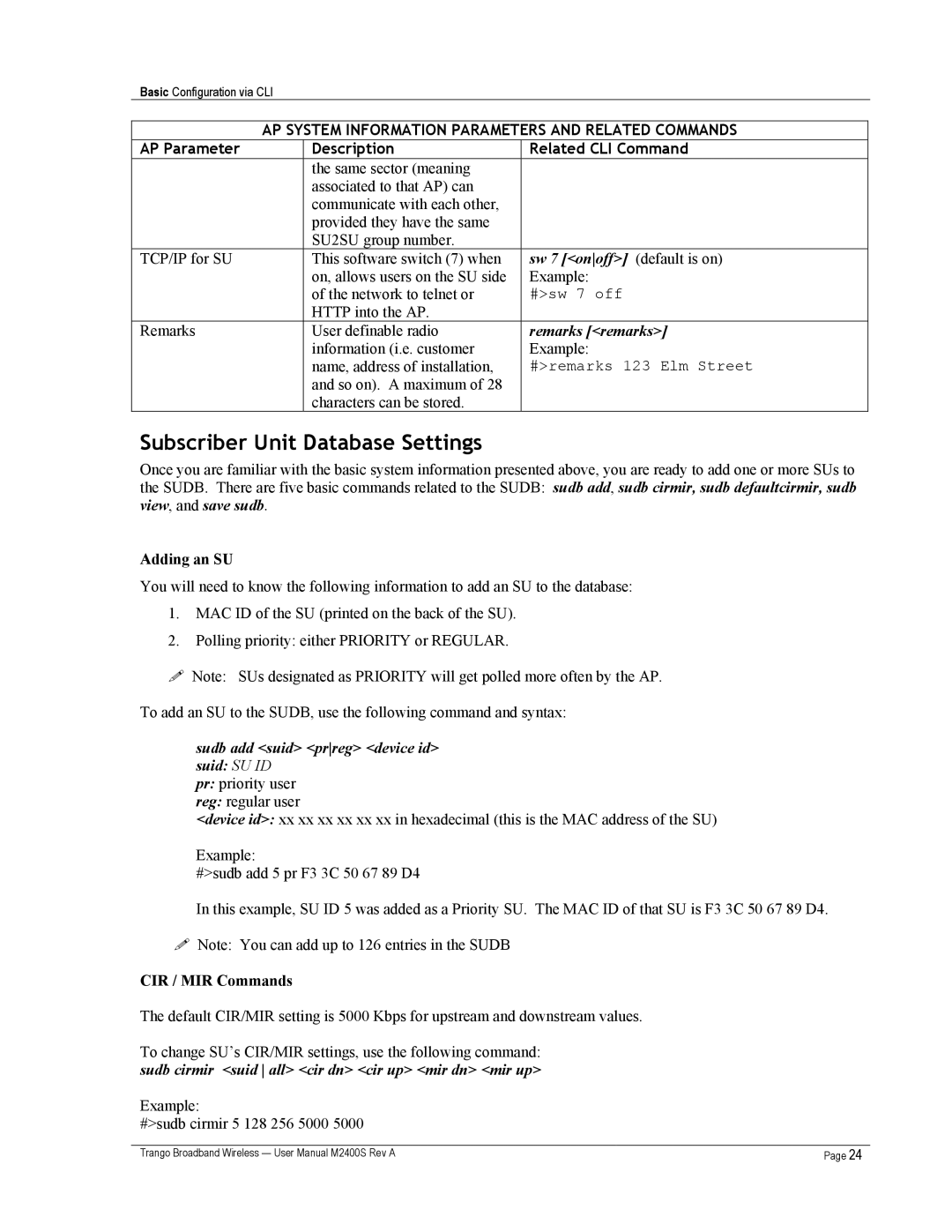 Trango Broadband M2400S user manual Subscriber Unit Database Settings, Sw 7 onoff default is on, Remarks remarks 