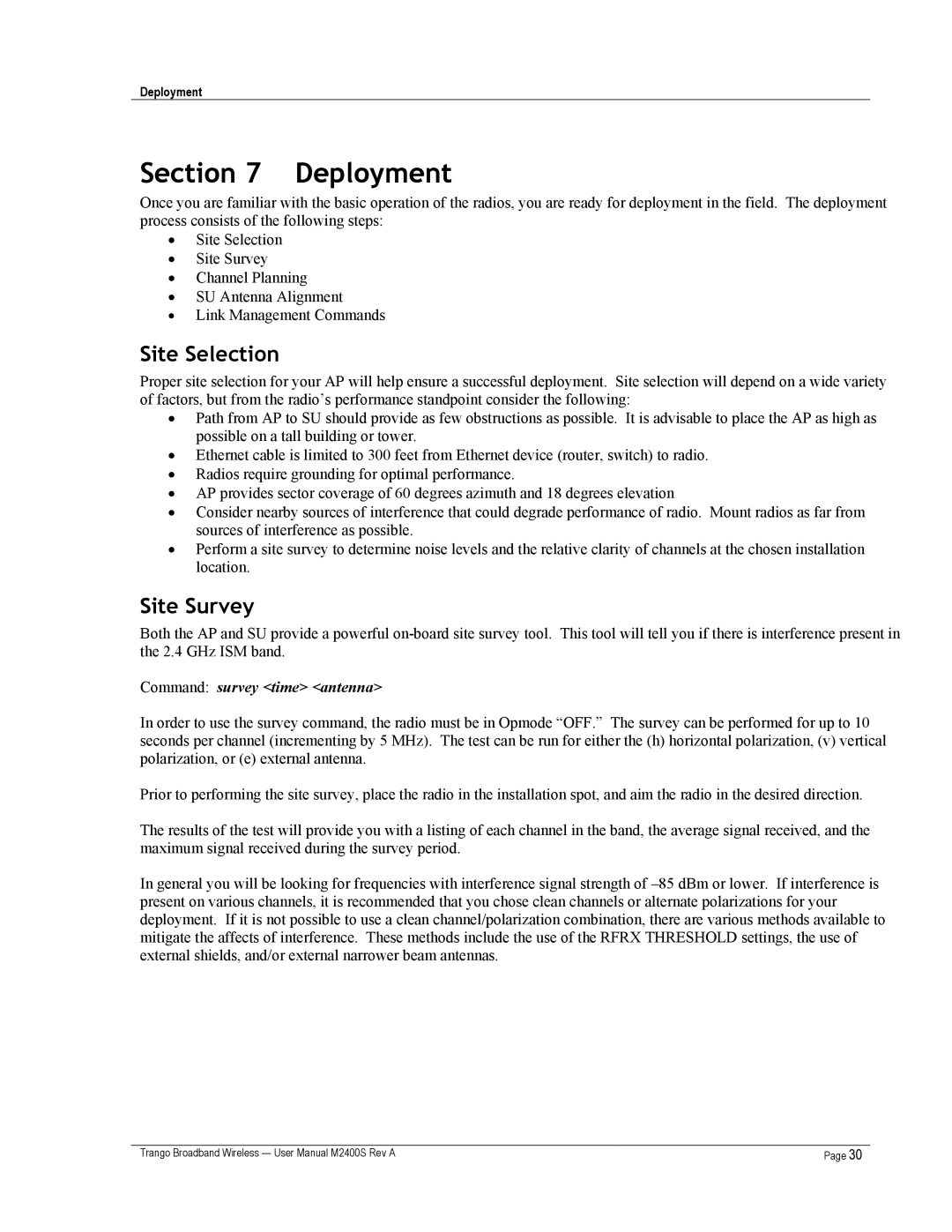 Trango Broadband M2400S user manual Deployment, Site Selection, Command survey time antenna 