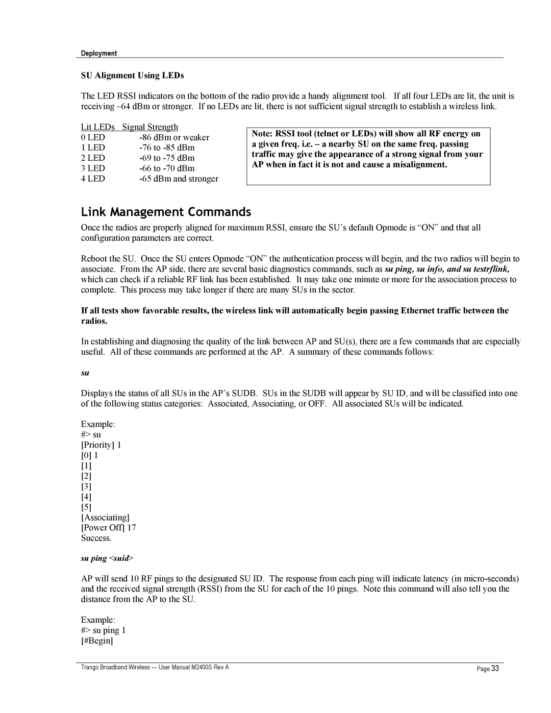 Trango Broadband M2400S user manual Link Management Commands, SU Alignment Using LEDs, Su ping suid 