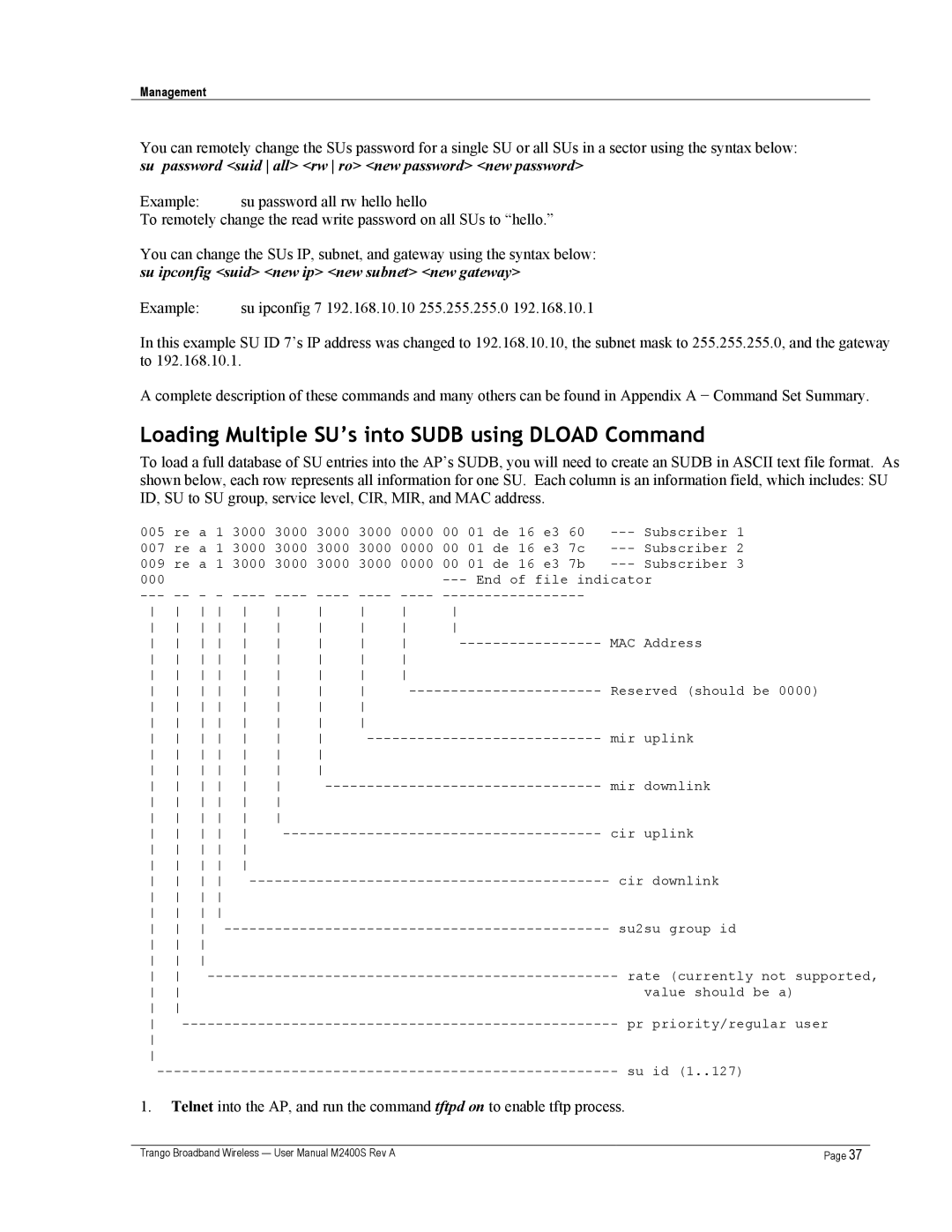 Trango Broadband M2400S user manual Loading Multiple SU’s into Sudb using Dload Command 