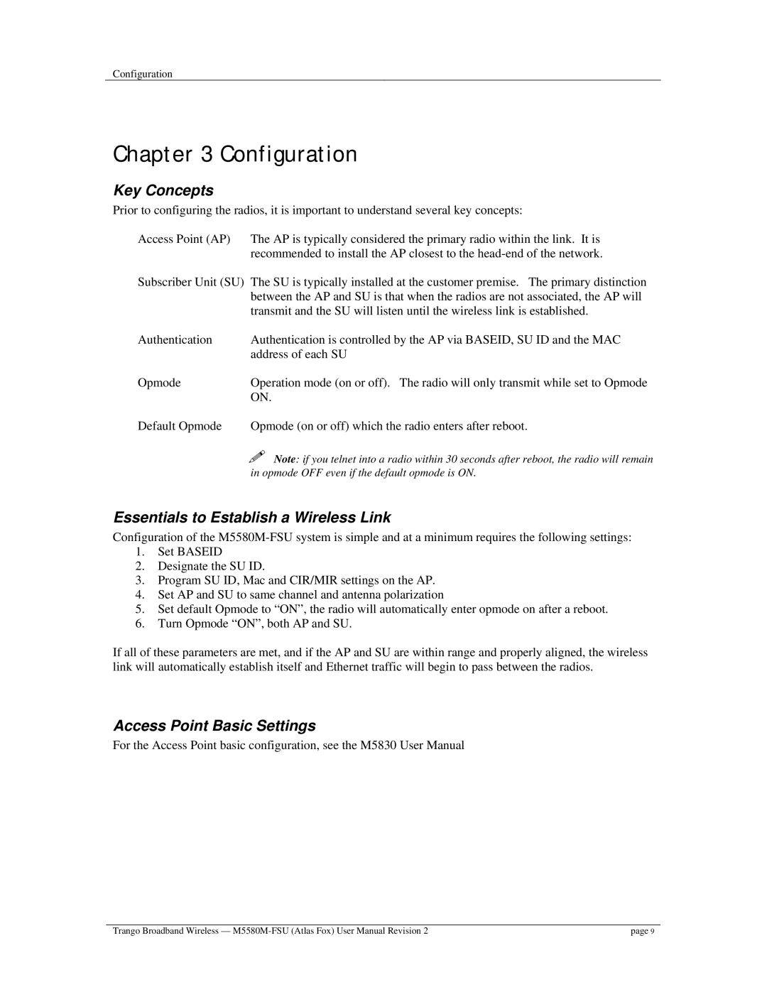 Trango Broadband M5580M-FSU user manual Configuration, Key Concepts, Essentials to Establish a Wireless Link 