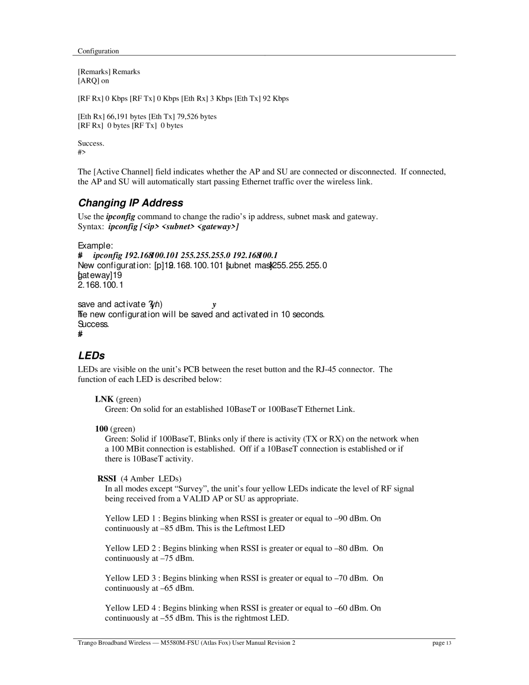 Trango Broadband M5580M-FSU user manual Changing IP Address, LEDs 