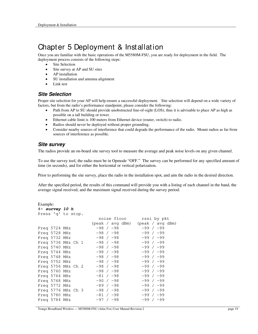 Trango Broadband M5580M-FSU user manual Deployment & Installation, Site Selection, Site survey 