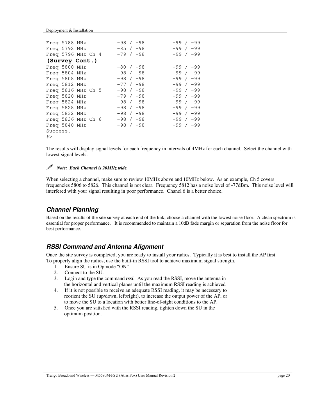 Trango Broadband M5580M-FSU user manual Channel Planning, Rssi Command and Antenna Alignment 