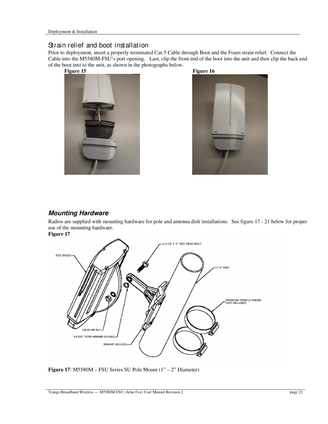 Trango Broadband M5580M-FSU user manual Strain relief and boot installation, Mounting Hardware 