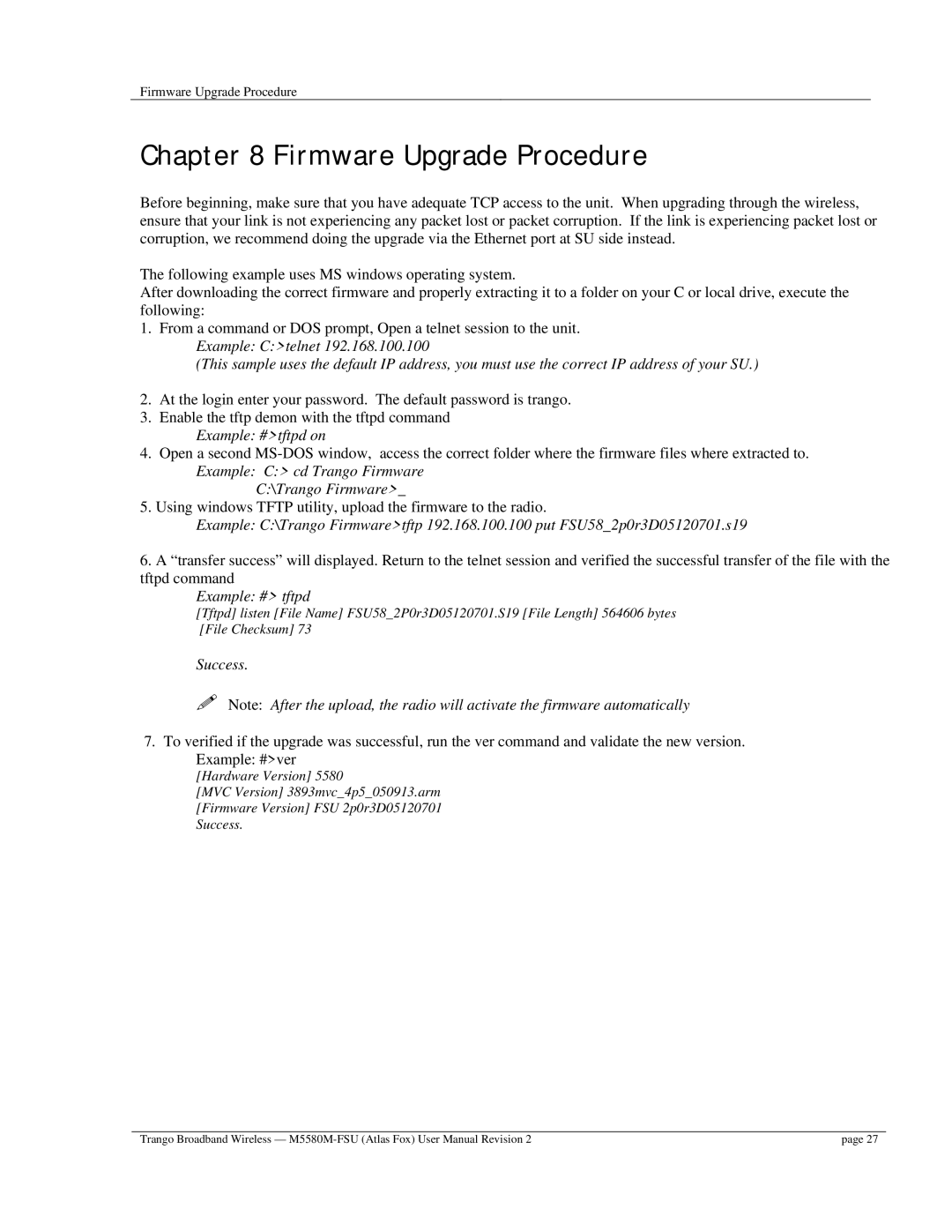 Trango Broadband M5580M-FSU user manual Firmware Upgrade Procedure, Example #tftpd on 