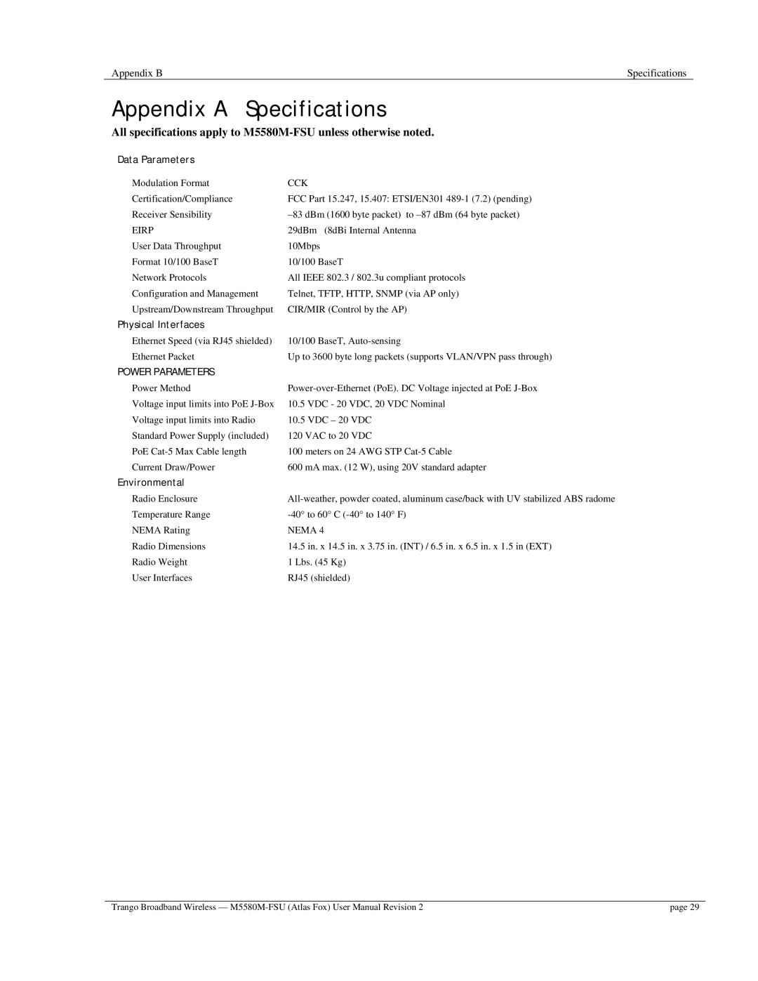 Trango Broadband M5580M-FSU user manual Appendix a Specifications, Data Parameters 