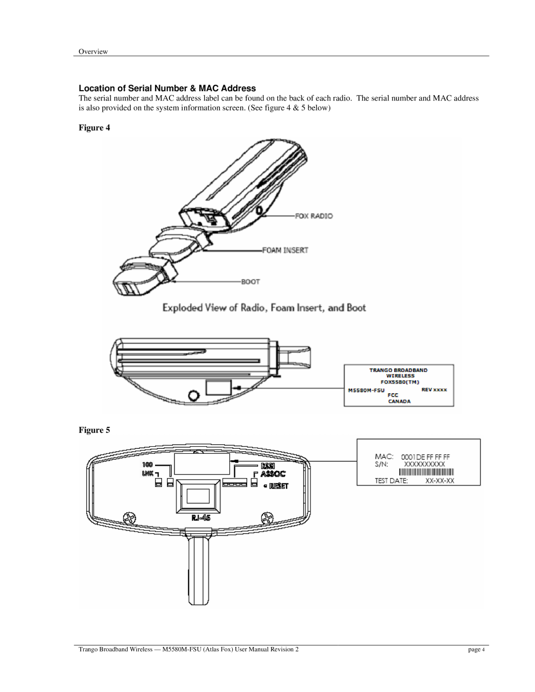 Trango Broadband M5580M-FSU user manual Location of Serial Number & MAC Address 