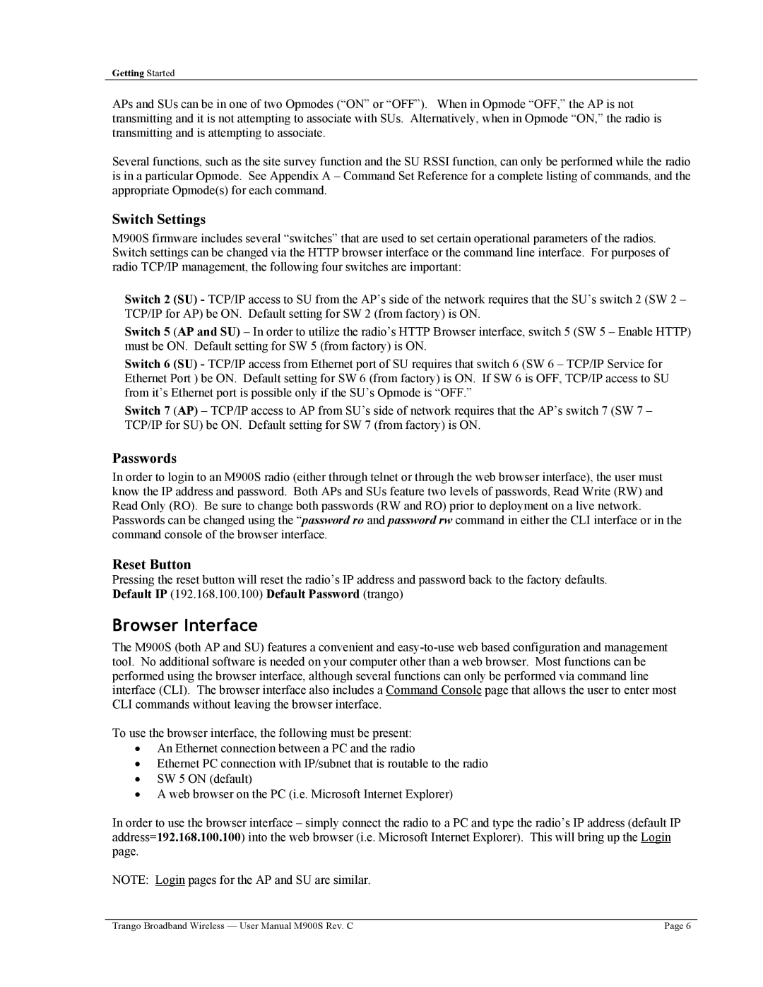 Trango Broadband M900S user manual Browser Interface, Switch Settings 