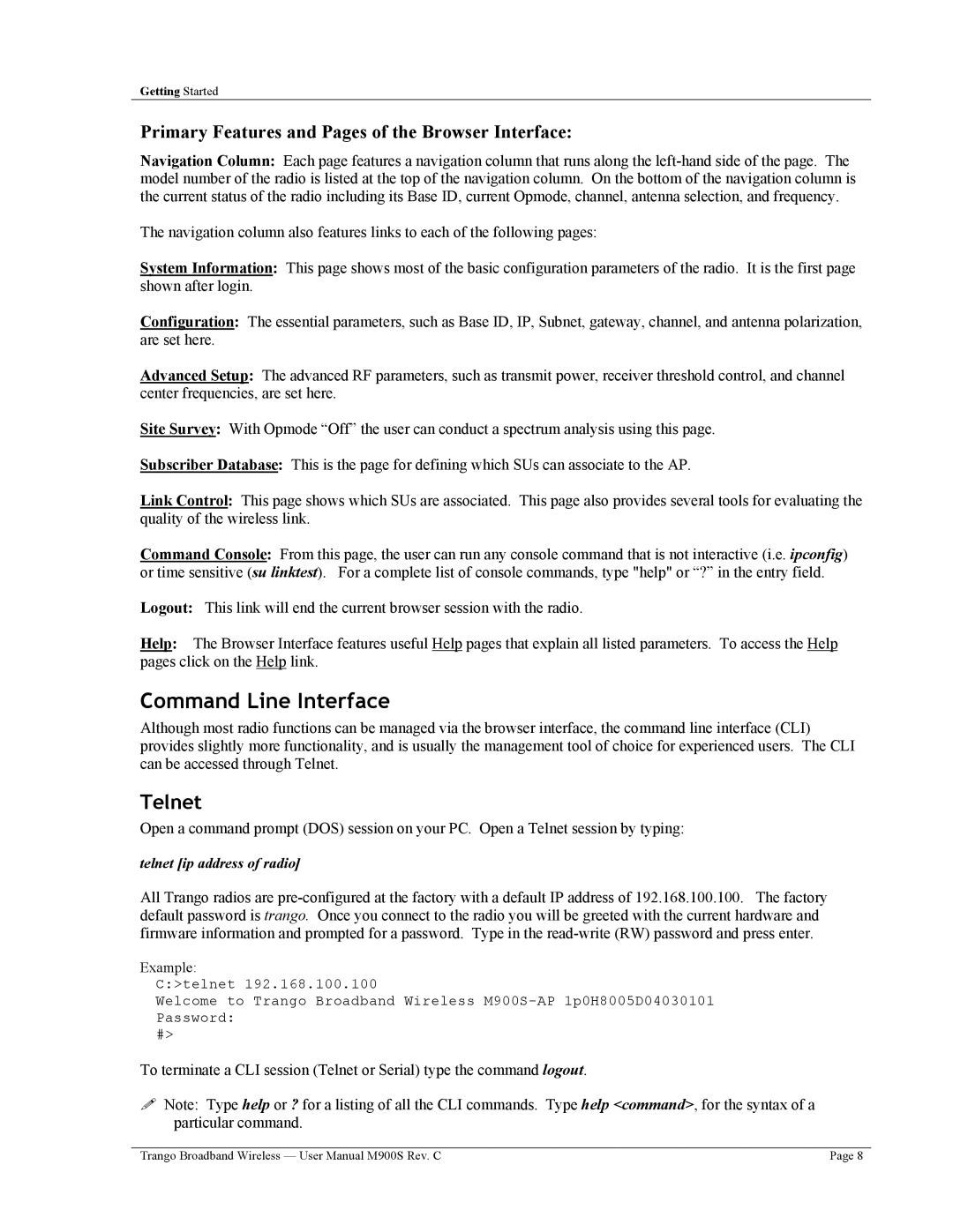 Trango Broadband M900S user manual Command Line Interface, Telnet ip address of radio 