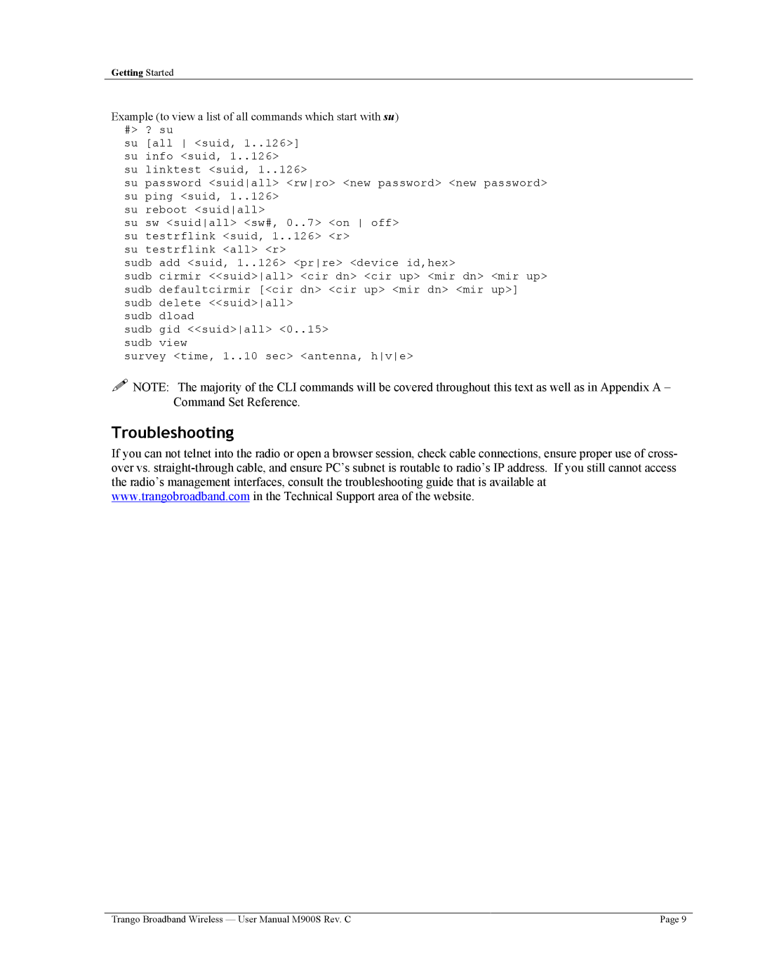 Trango Broadband M900S user manual Troubleshooting 