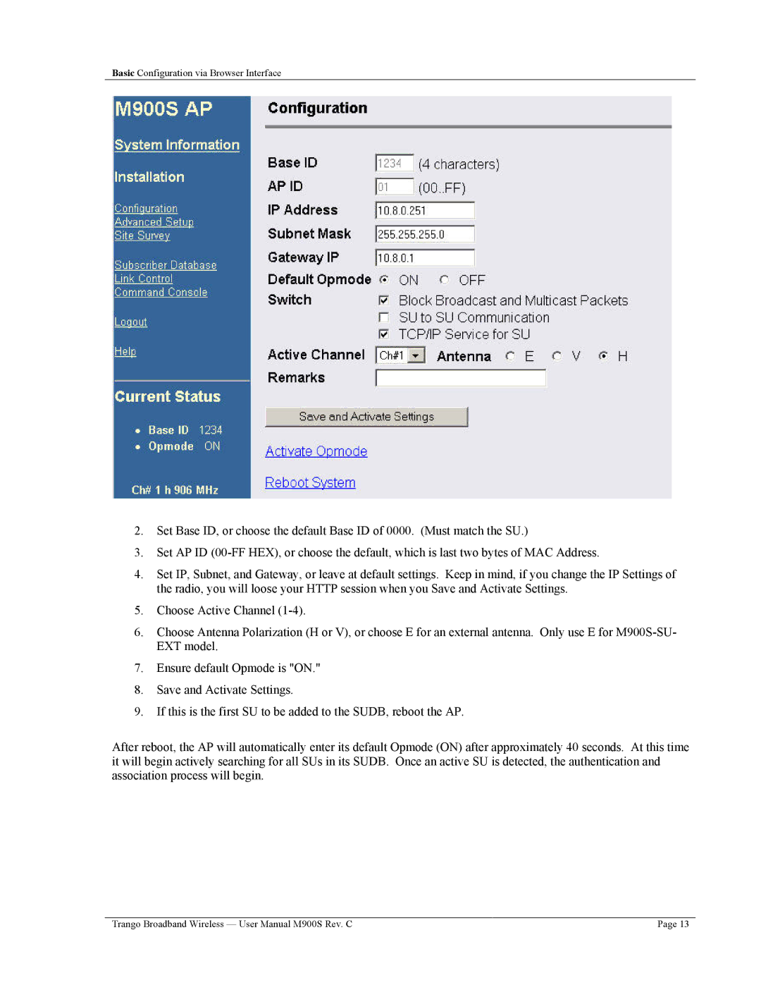 Trango Broadband M900S user manual Basic Configuration via Browser Interface 