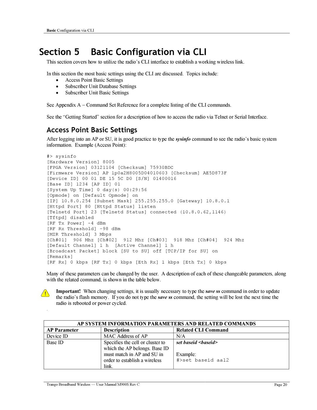 Trango Broadband M900S user manual Basic Configuration via CLI, Access Point Basic Settings, Set baseid baseid 