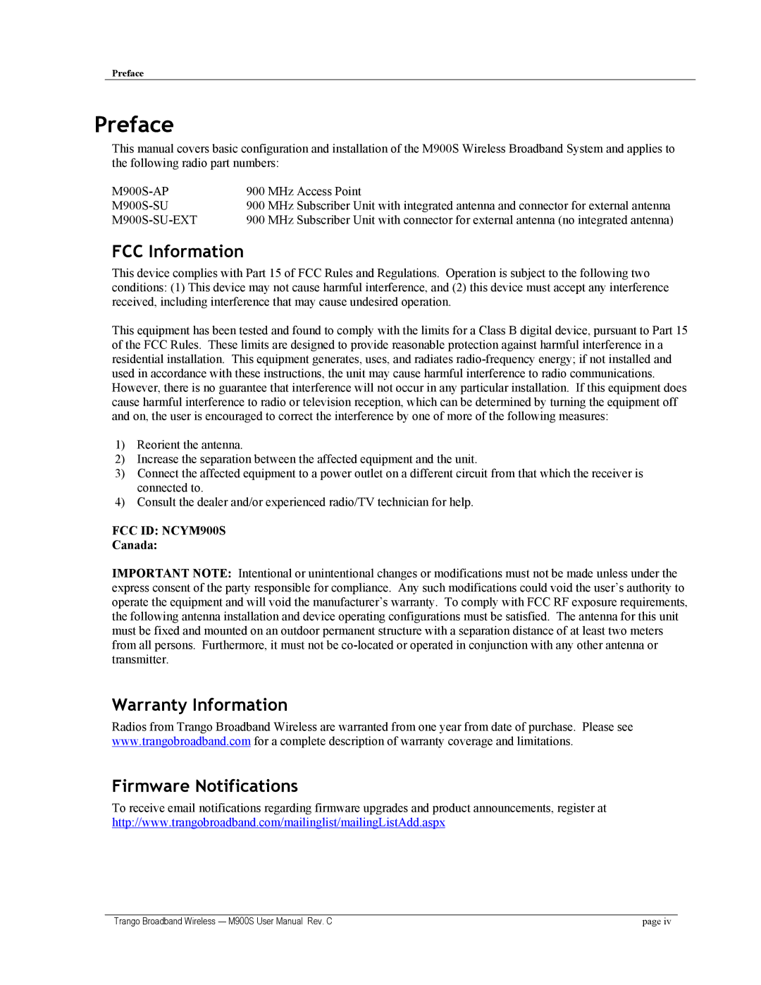 Trango Broadband M900S user manual Preface, FCC Information, Warranty Information Firmware Notifications, Canada 