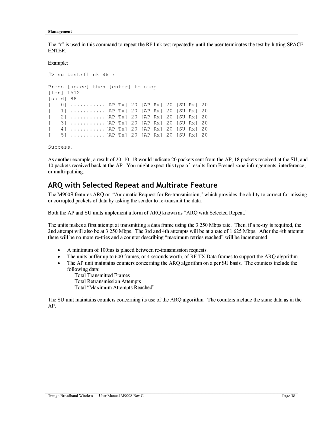 Trango Broadband M900S user manual ARQ with Selected Repeat and Multirate Feature 