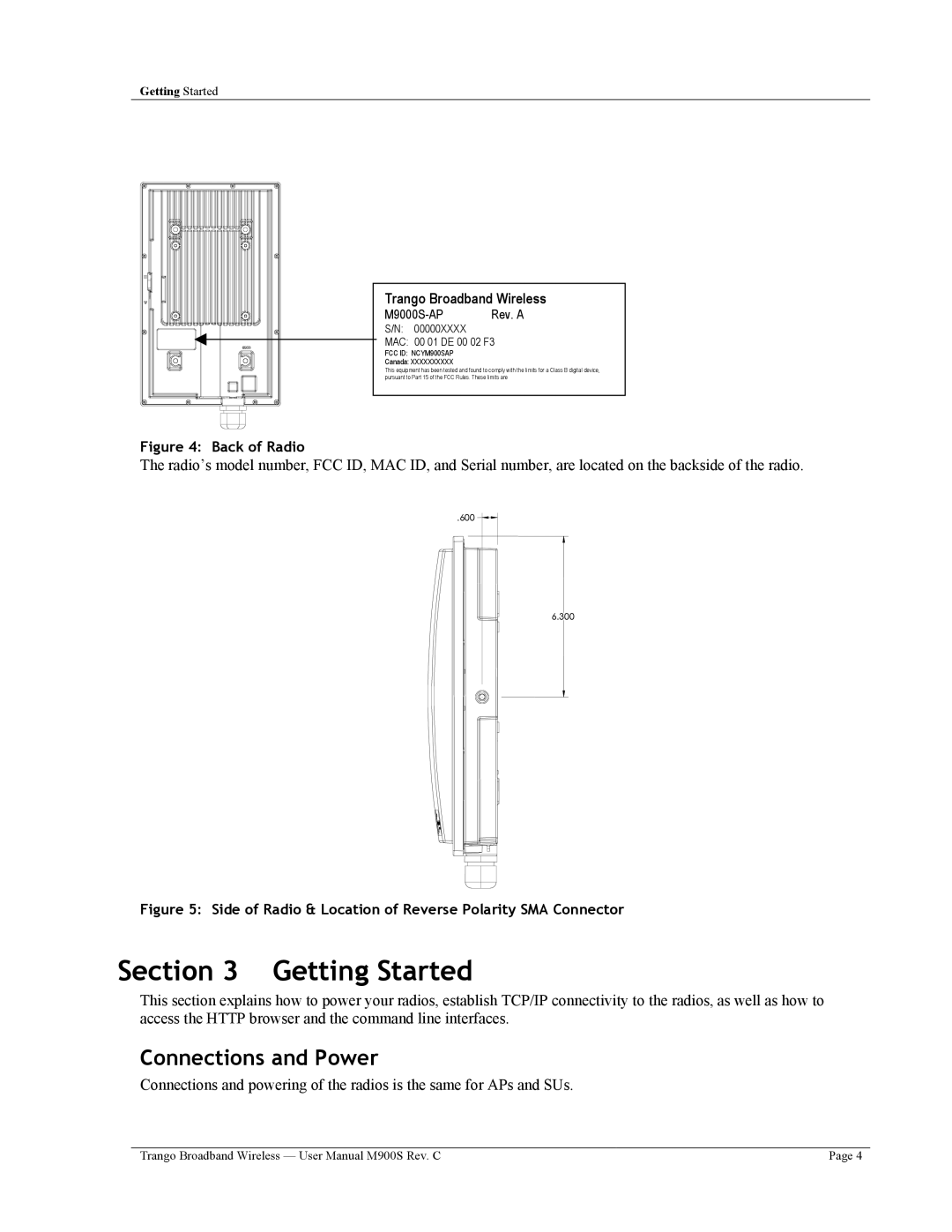 Trango Broadband M900S user manual Getting Started, Connections and Power 