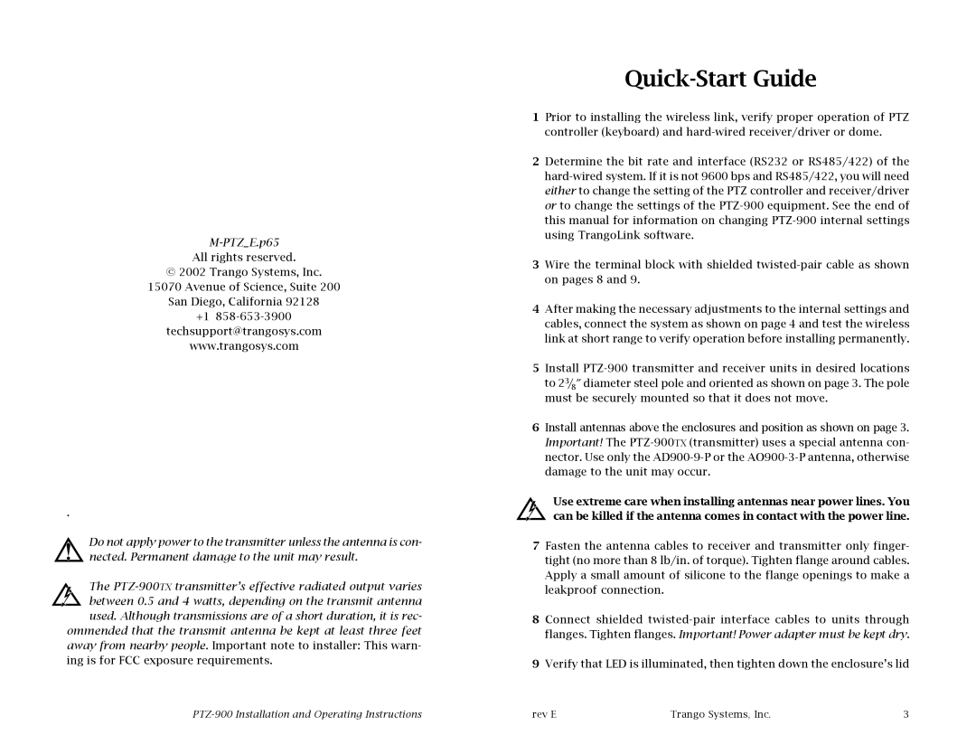 Trango Broadband PTZ-900 operating instructions Quick-Start Guide, PTZE.p65 