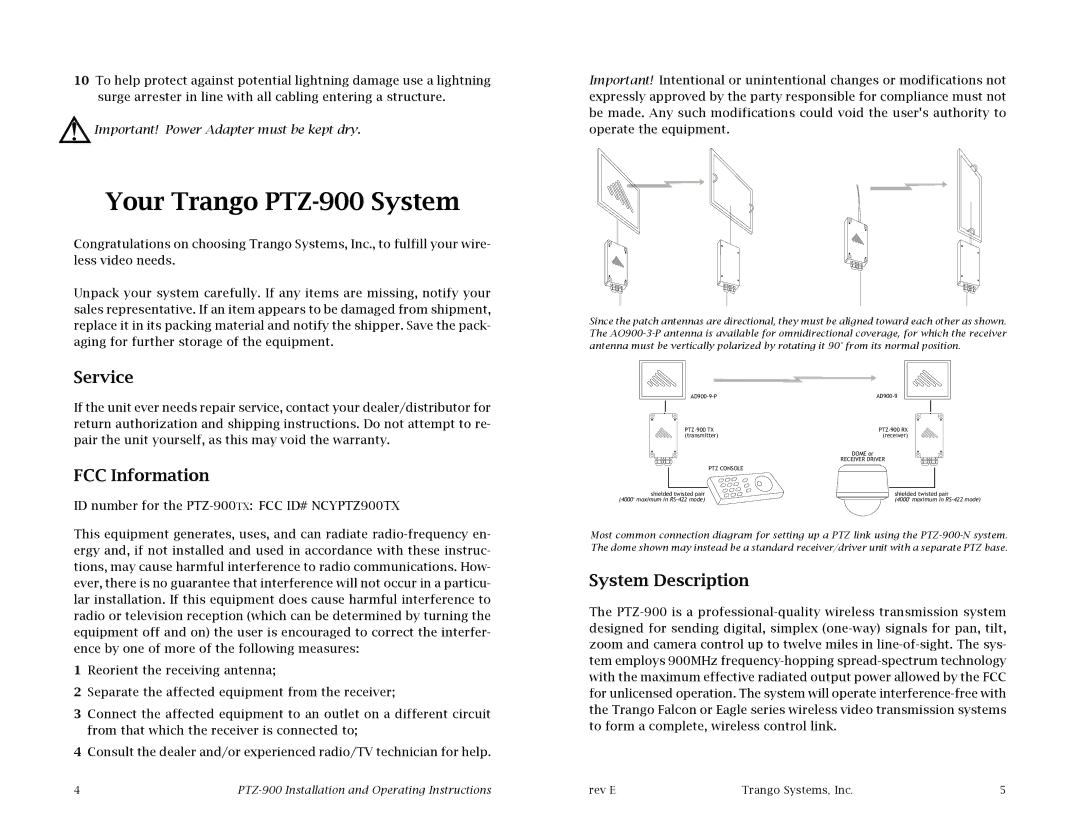 Trango Broadband operating instructions Your Trango PTZ-900 System, Service, FCC Information, System Description 