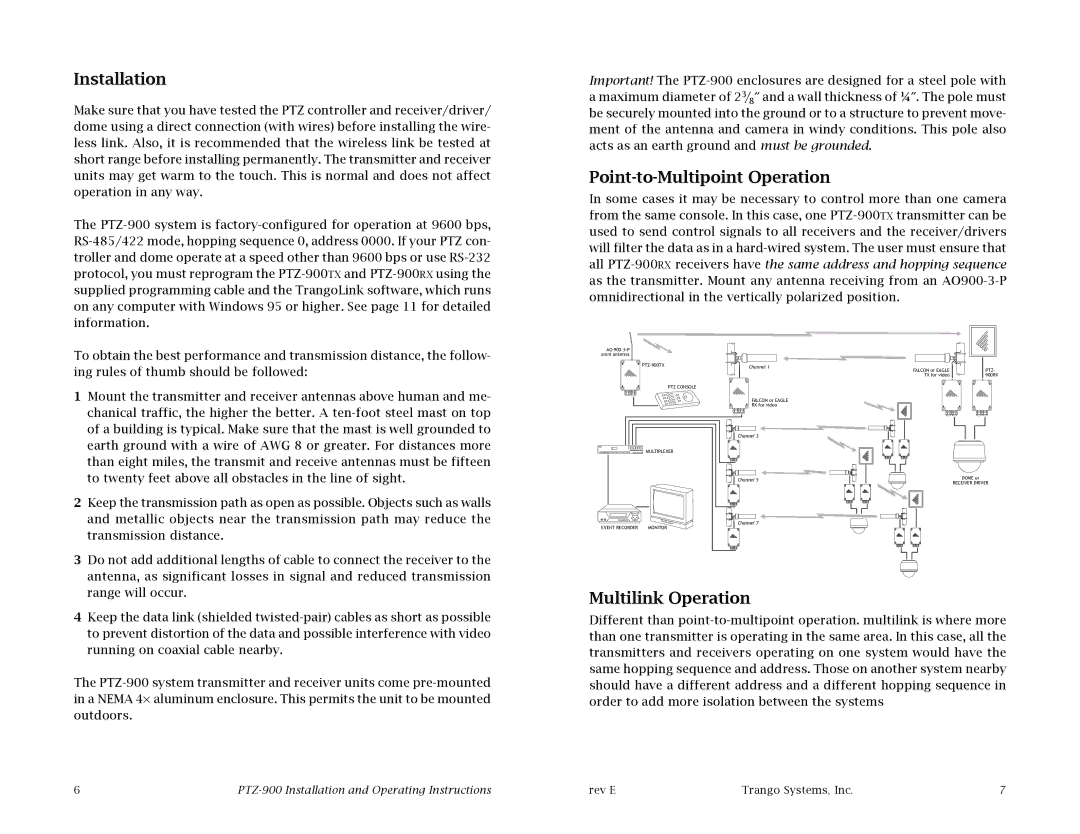 Trango Broadband PTZ-900 operating instructions Installation, Point-to-Multipoint Operation, Multilink Operation 