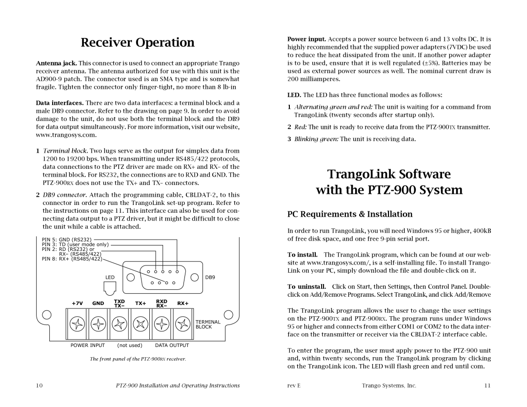 Trango Broadband Receiver Operation, TrangoLink Software With the PTZ-900 System, PC Requirements & Installation 