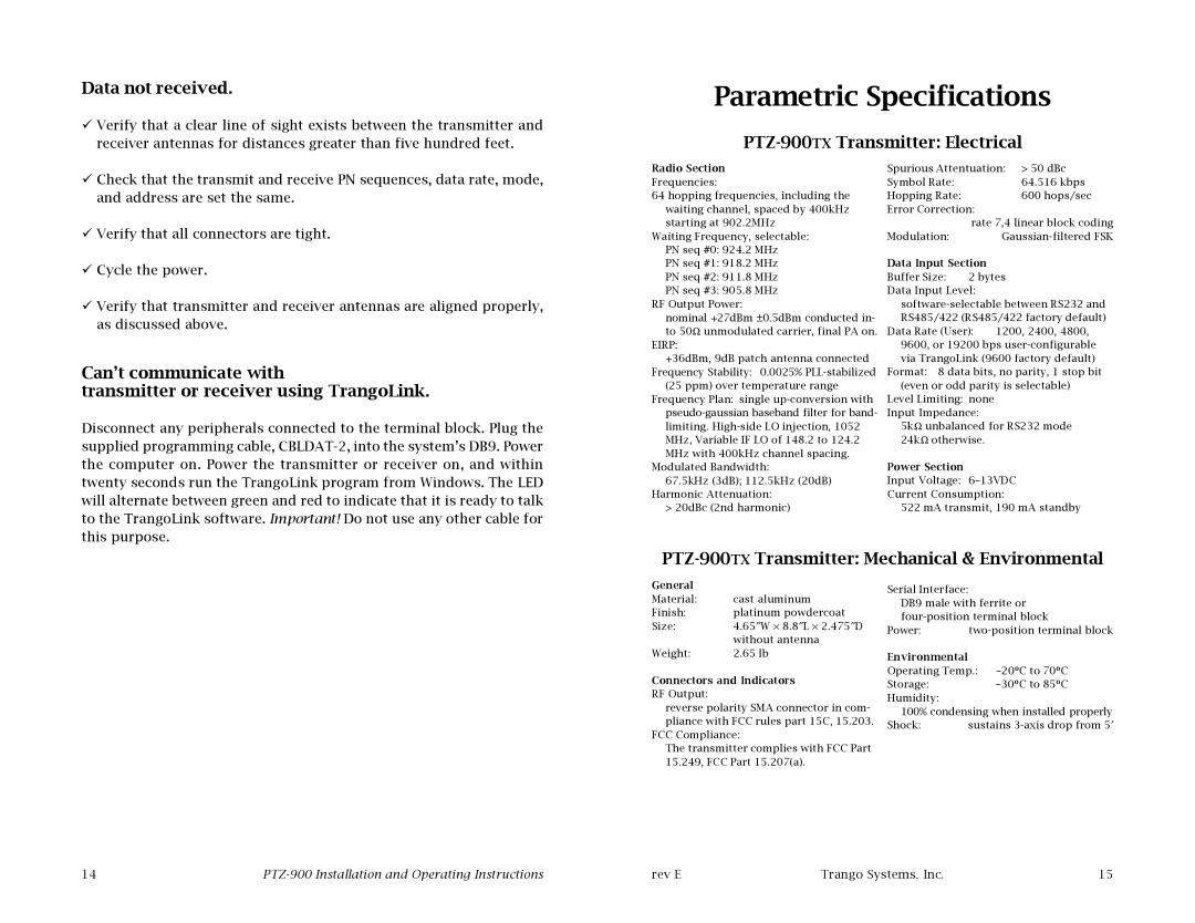 Trango Broadband operating instructions Parametric Specifications, Data not received, PTZ-900TXTransmitter Electrical 