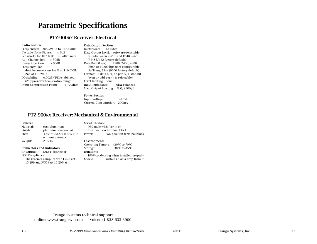 Trango Broadband operating instructions PTZ-900RXReceiver Electrical, PTZ-900RXReceiver Mechanical & Environmental 