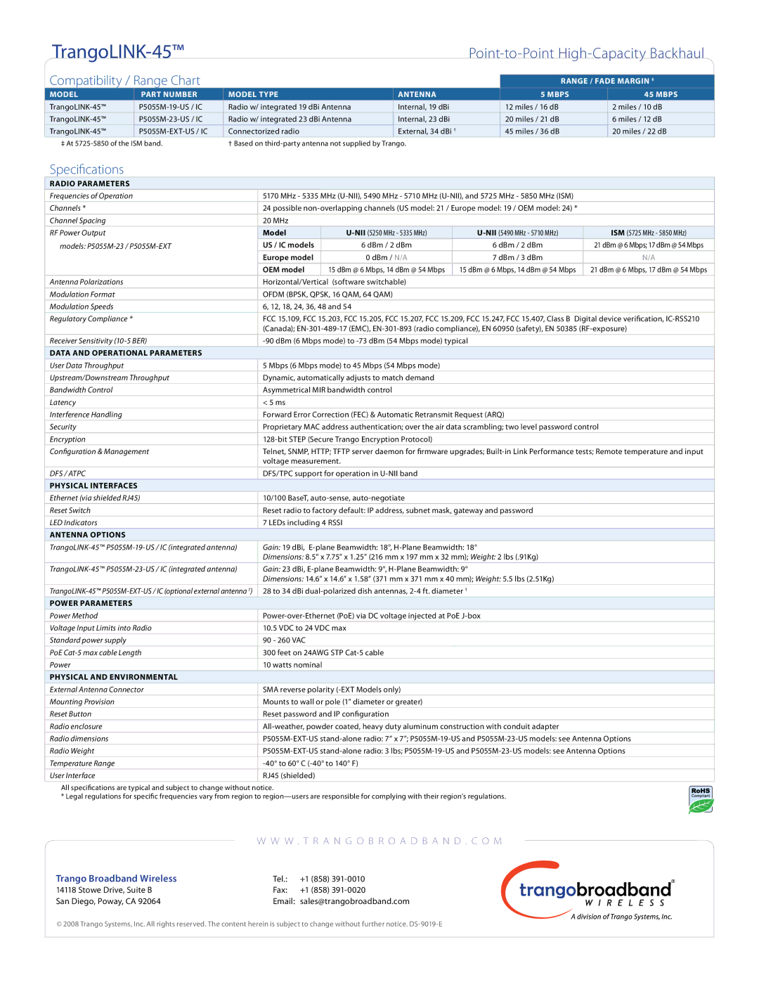 Trango Broadband TrangoLink-45 manual Compatibility / Range Chart, Specifications 