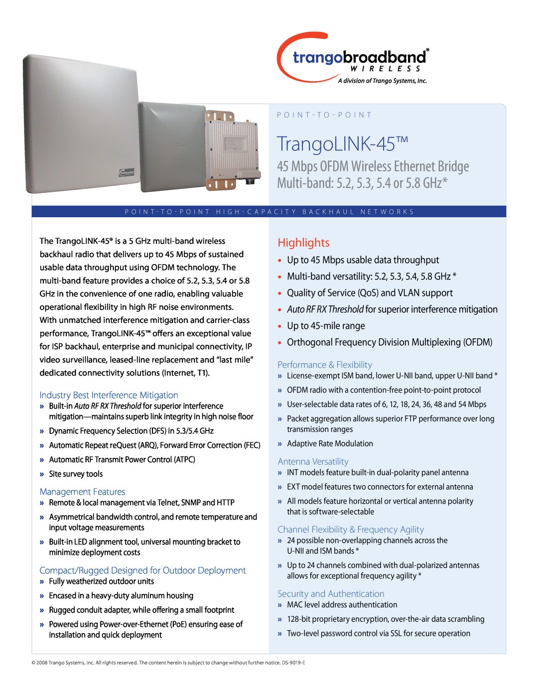 Trango Broadband TrangoLink-45 manual Industry Best Interference mitigation, management Features, antenna Versatility 