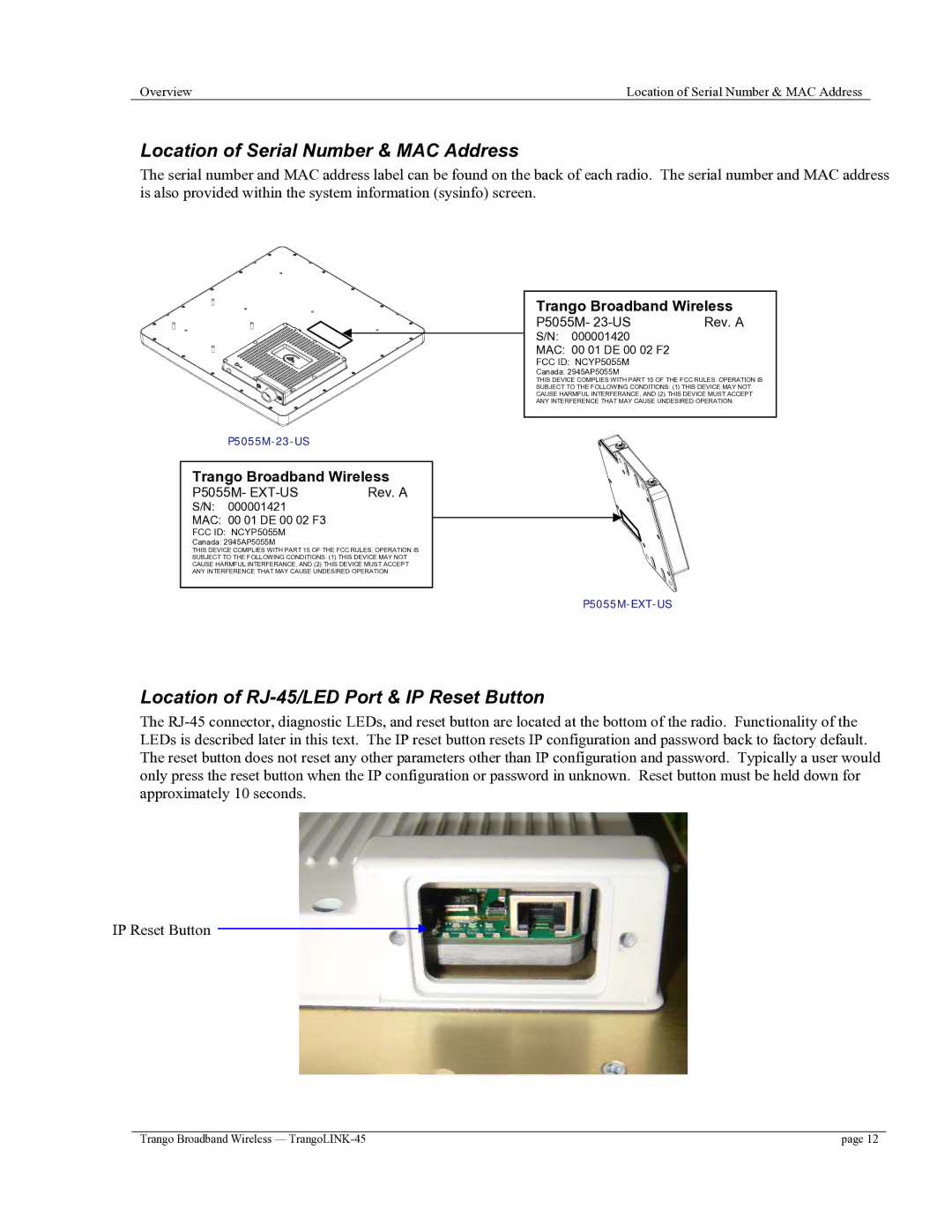 Trango Broadband TrangoLINK-45TM Location of Serial Number & MAC Address, Location of RJ-45/LED Port & IP Reset Button 