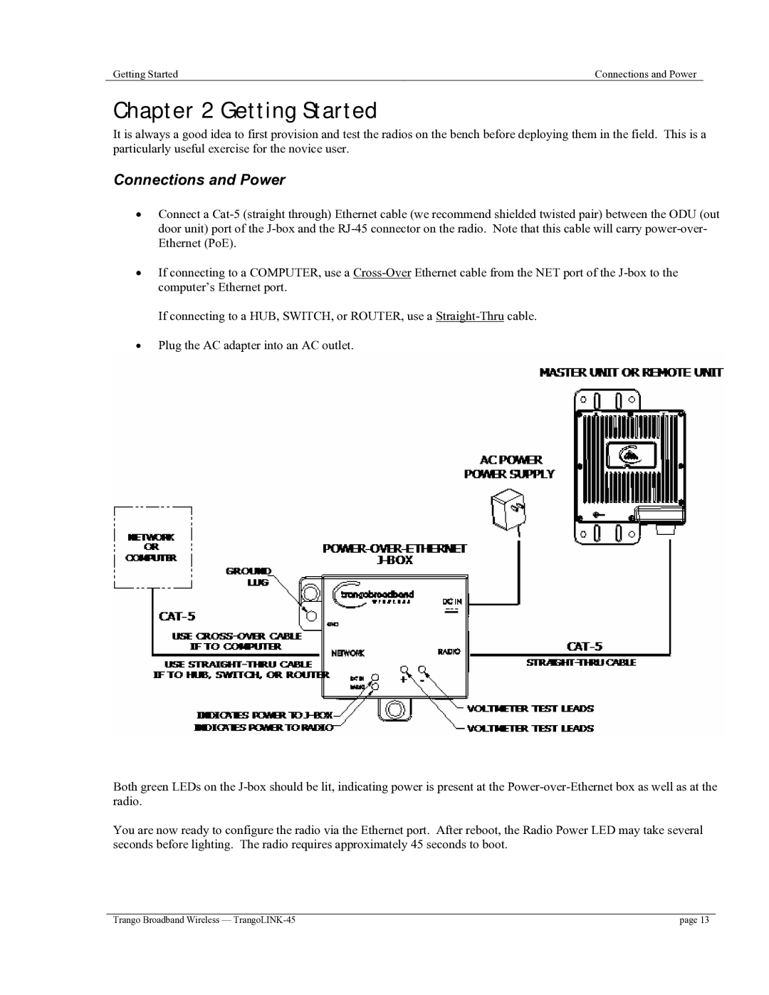 Trango Broadband TrangoLINK-45TM user manual Getting Started, Connections and Power 