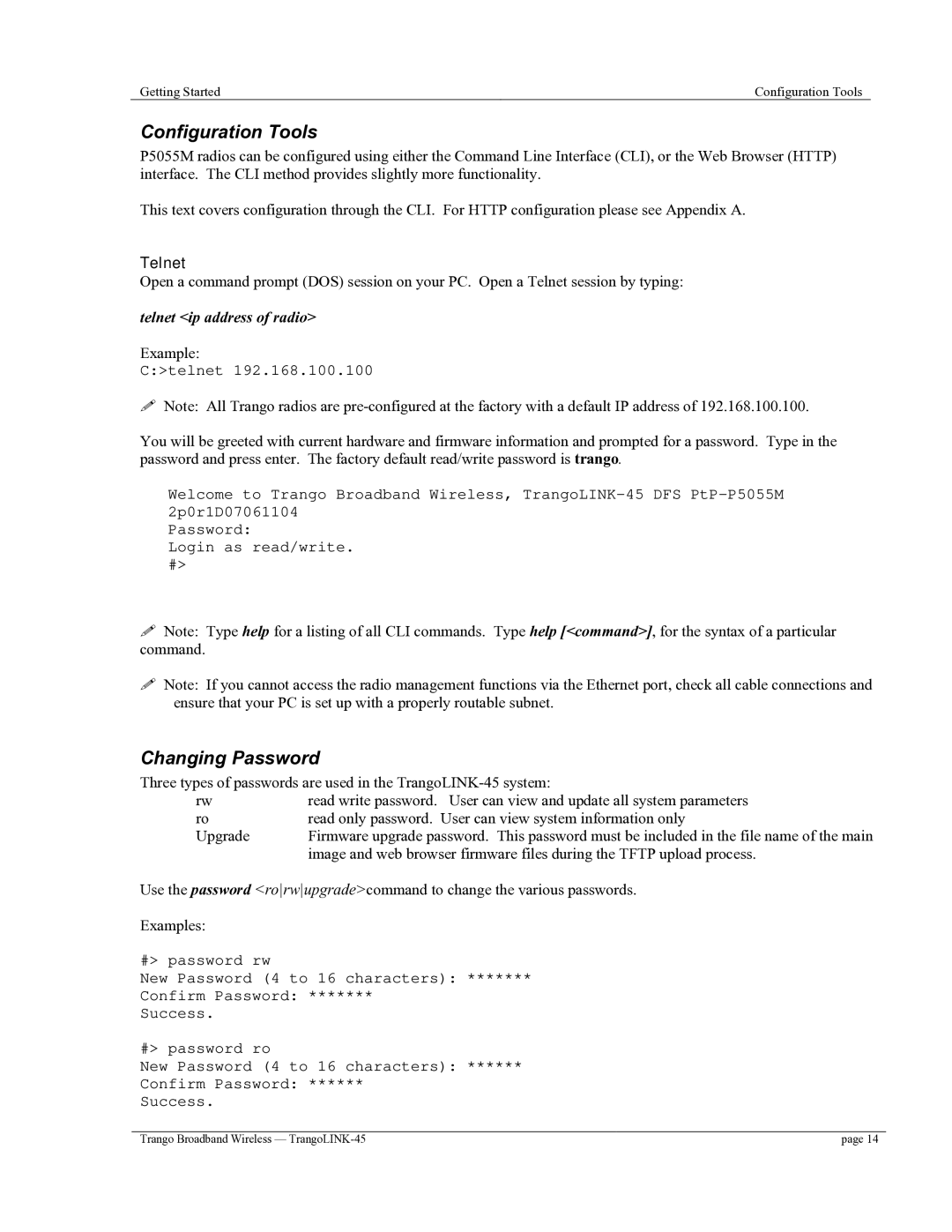 Trango Broadband TrangoLINK-45TM user manual Configuration Tools, Changing Password 