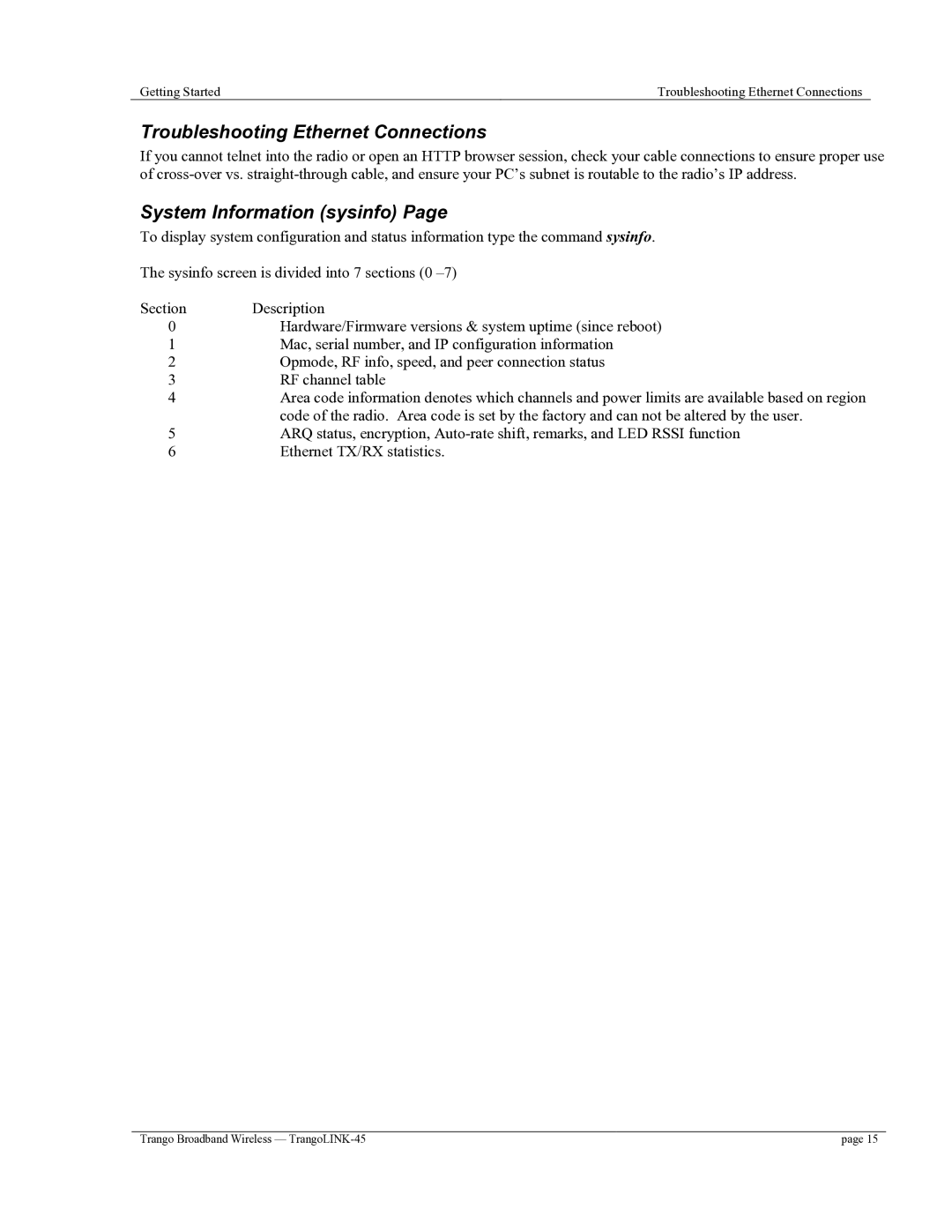 Trango Broadband TrangoLINK-45TM user manual Troubleshooting Ethernet Connections, System Information sysinfo 