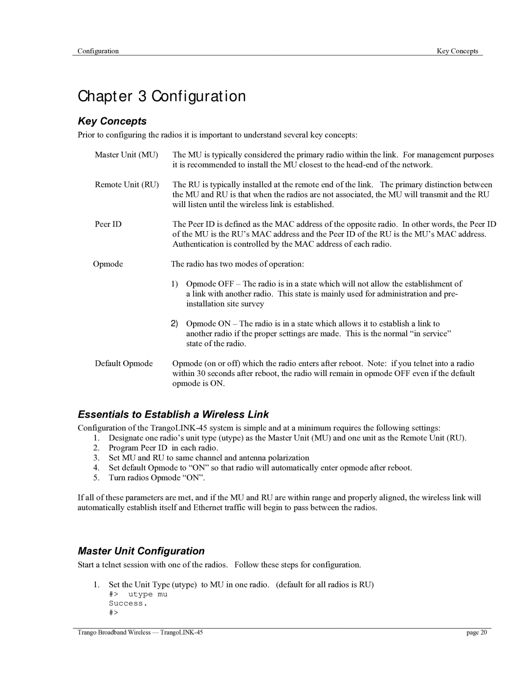 Trango Broadband TrangoLINK-45TM user manual Configuration, Key Concepts, Essentials to Establish a Wireless Link 