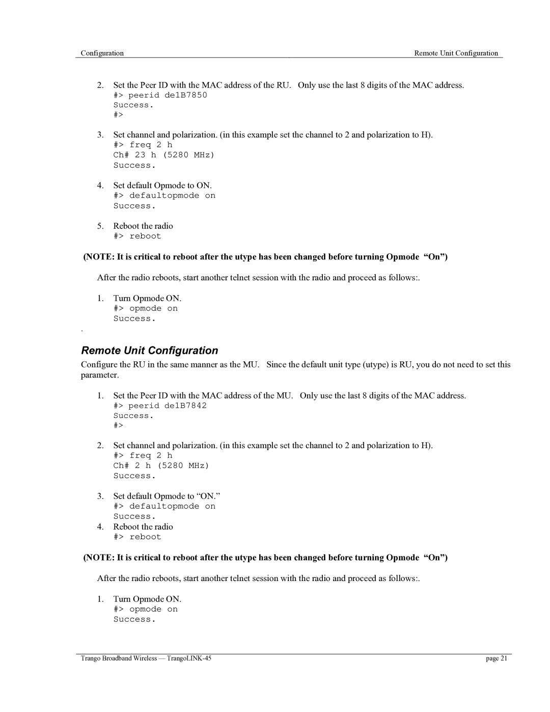 Trango Broadband TrangoLINK-45TM user manual Remote Unit Configuration 