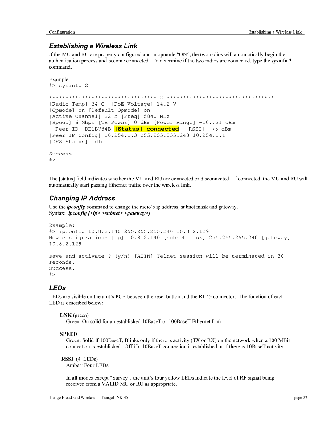 Trango Broadband TrangoLINK-45TM user manual Establishing a Wireless Link, Changing IP Address, LEDs 