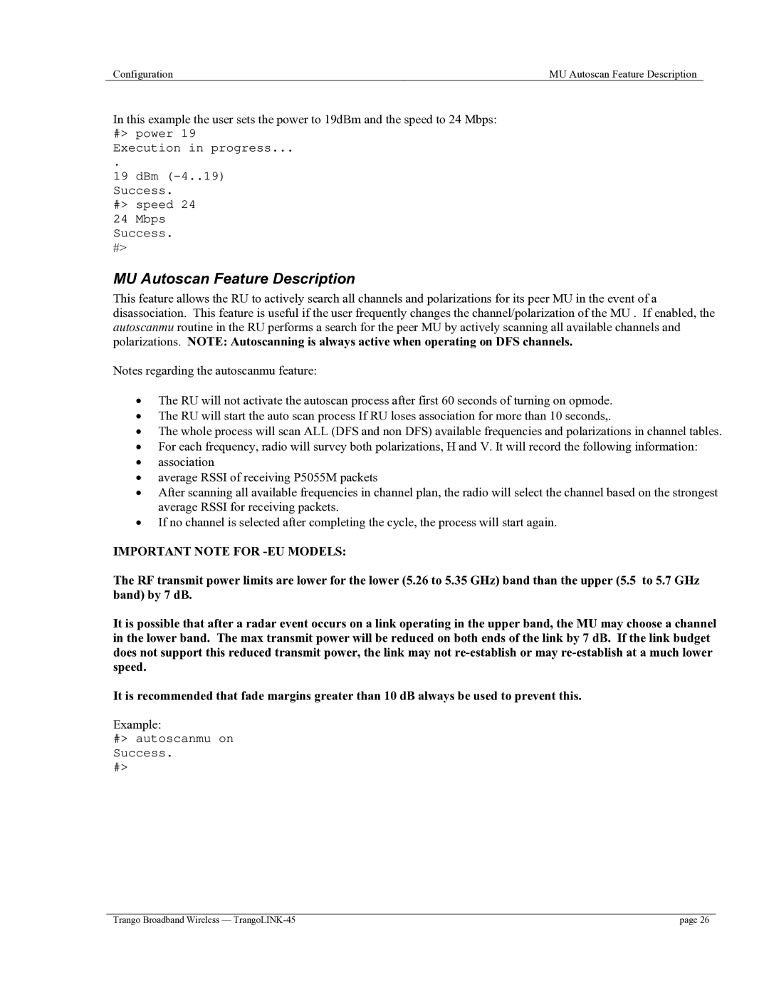 Trango Broadband TrangoLINK-45TM user manual MU Autoscan Feature Description, Important Note for -EU Models 