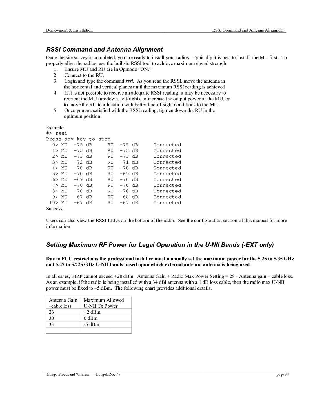 Trango Broadband TrangoLINK-45TM user manual Rssi Command and Antenna Alignment 