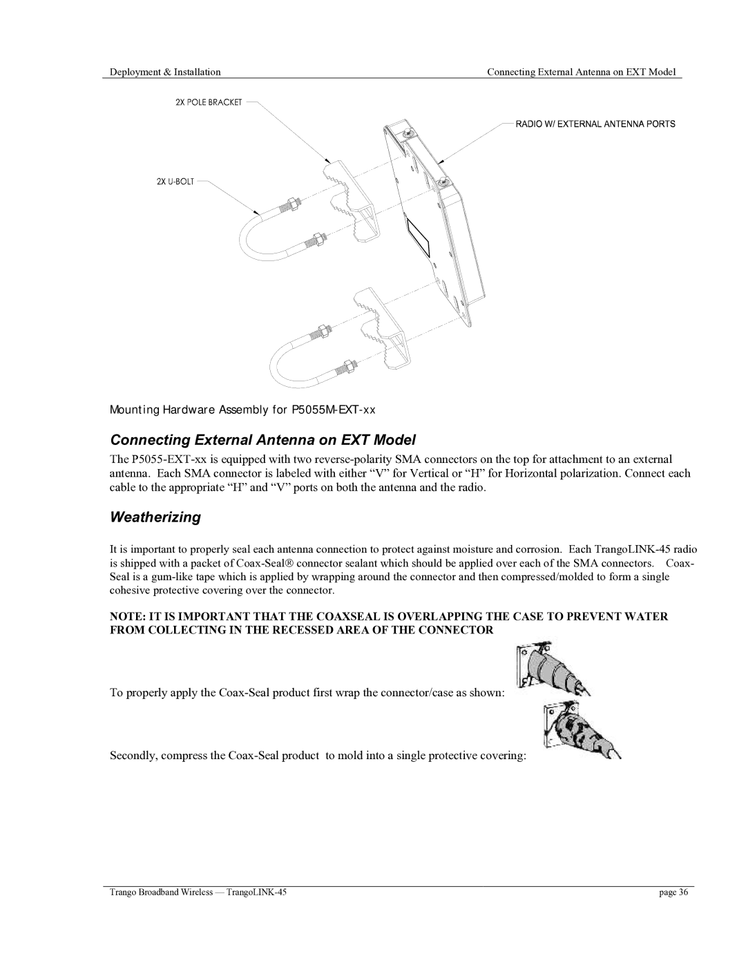 Trango Broadband TrangoLINK-45TM user manual Connecting External Antenna on EXT Model, Weatherizing 