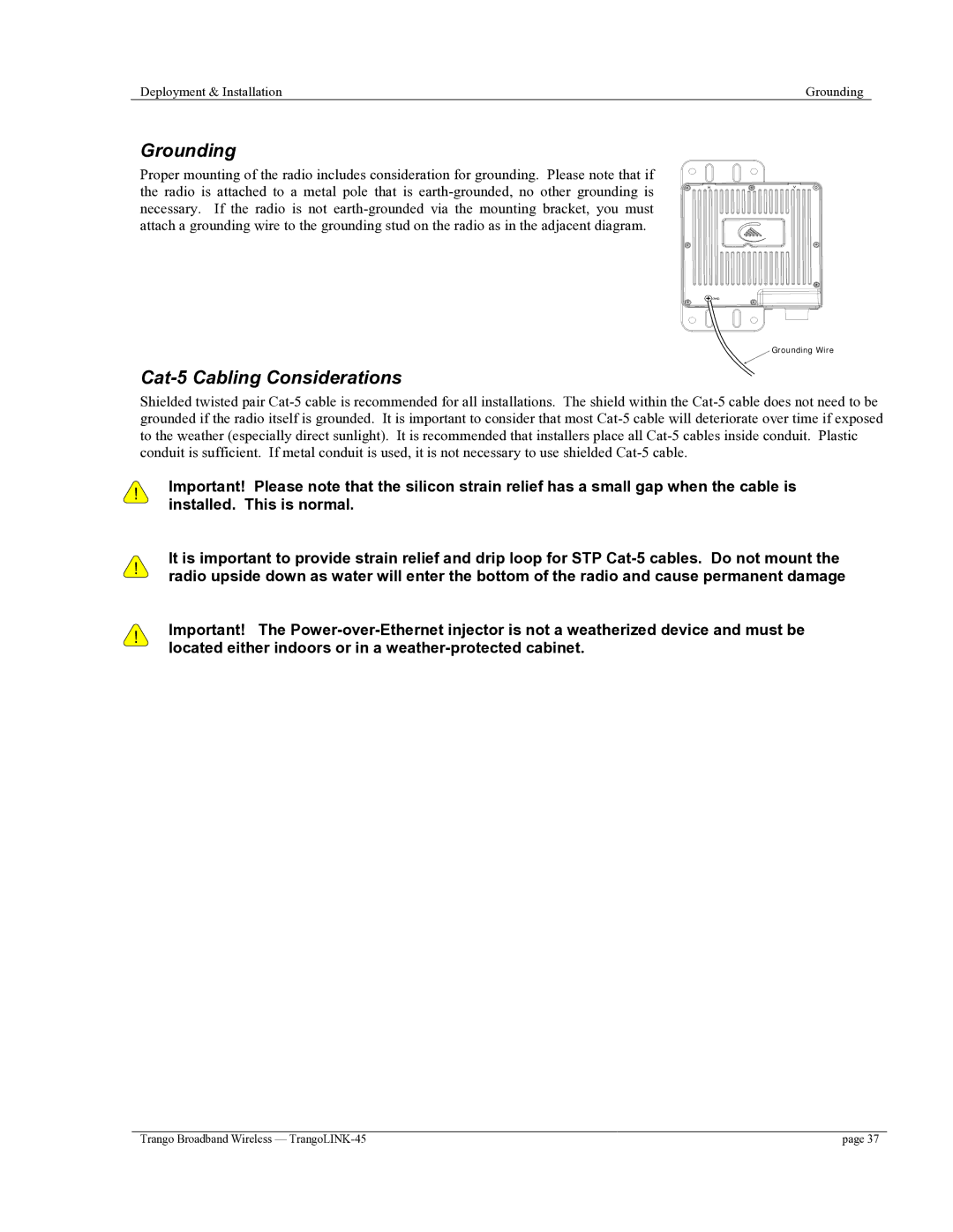 Trango Broadband TrangoLINK-45TM user manual Grounding, Cat-5 Cabling Considerations 