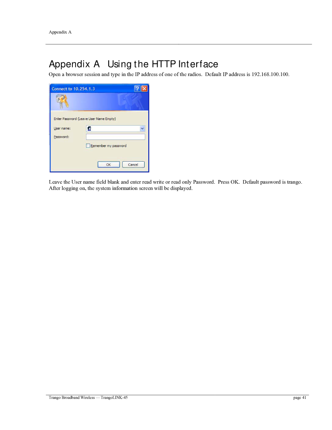 Trango Broadband TrangoLINK-45TM user manual Appendix a Using the Http Interface 