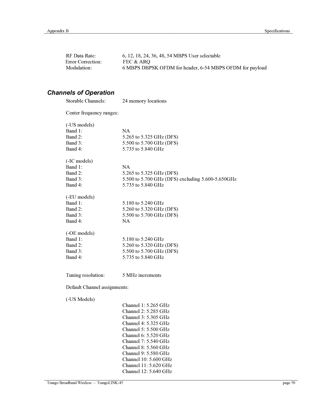 Trango Broadband TrangoLINK-45TM user manual Channels of Operation, Fec & Arq 