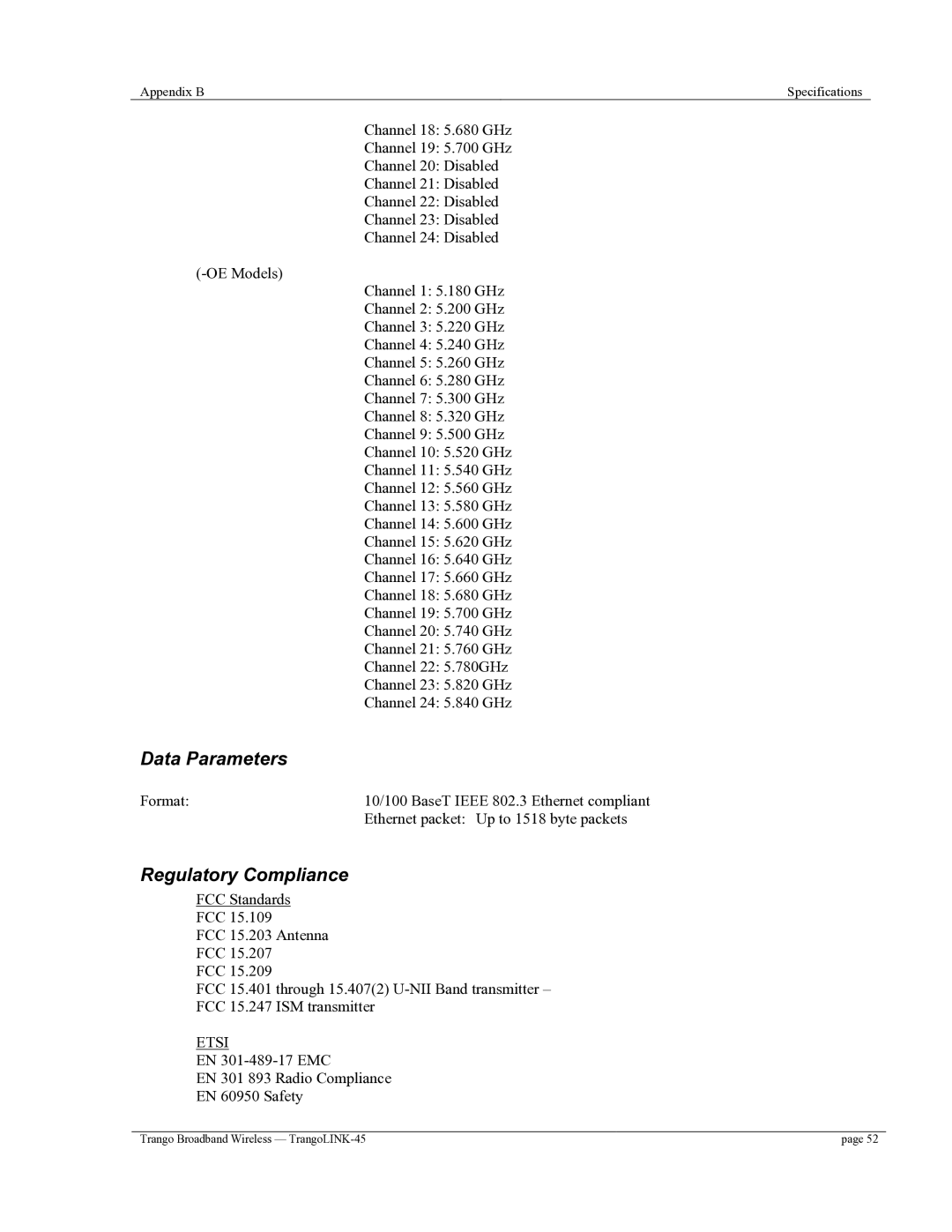 Trango Broadband TrangoLINK-45TM user manual Data Parameters, Regulatory Compliance, Etsi 